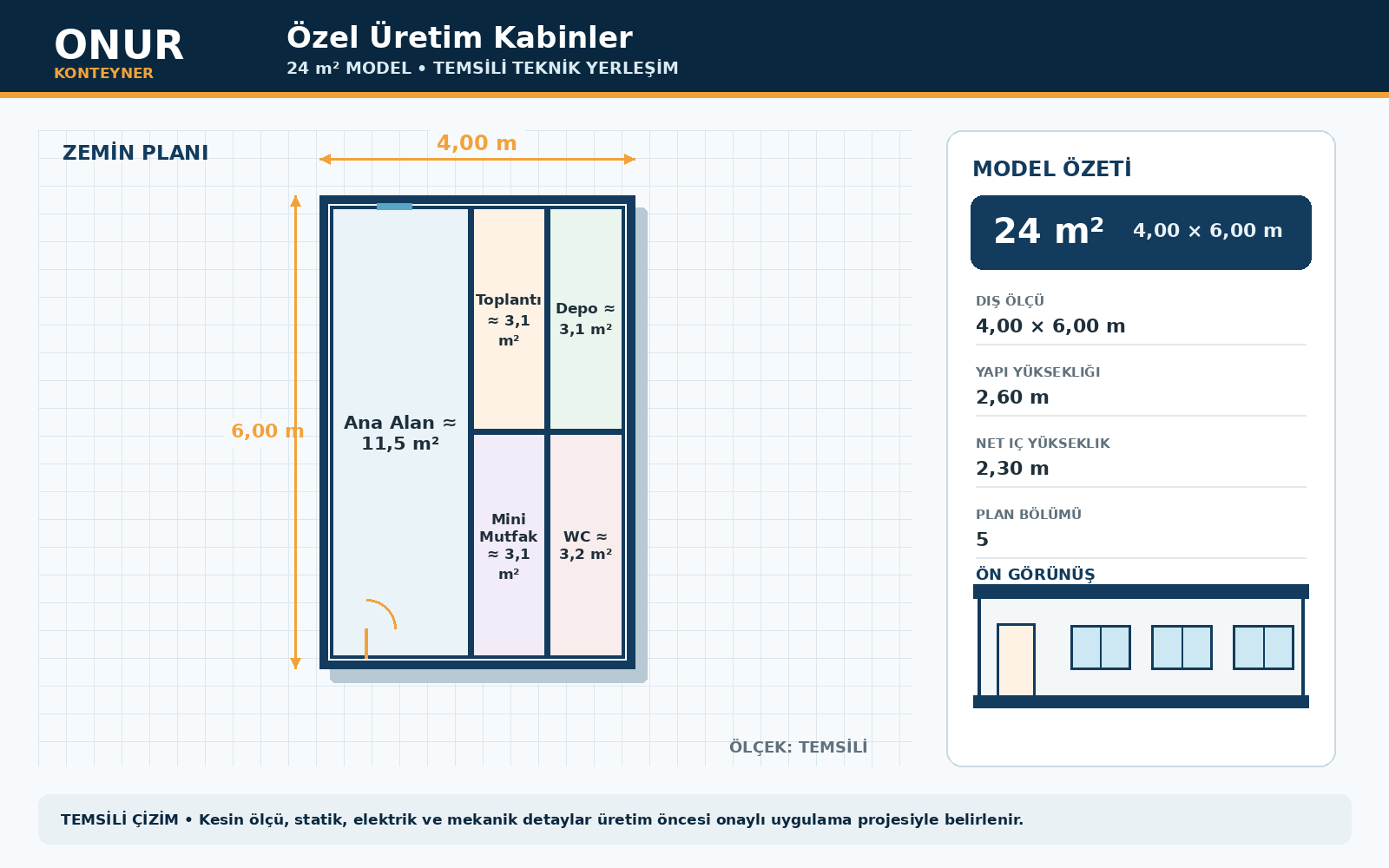 Özel Üretim Kabinler 24 metrekare model planı