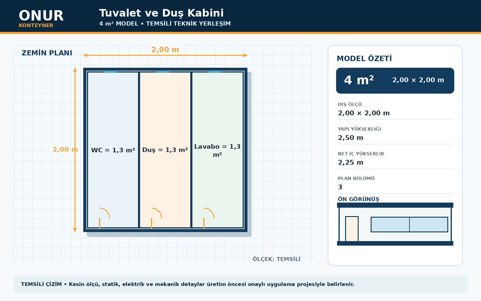Tuvalet ve Duş Kabini 4 metrekare model planı