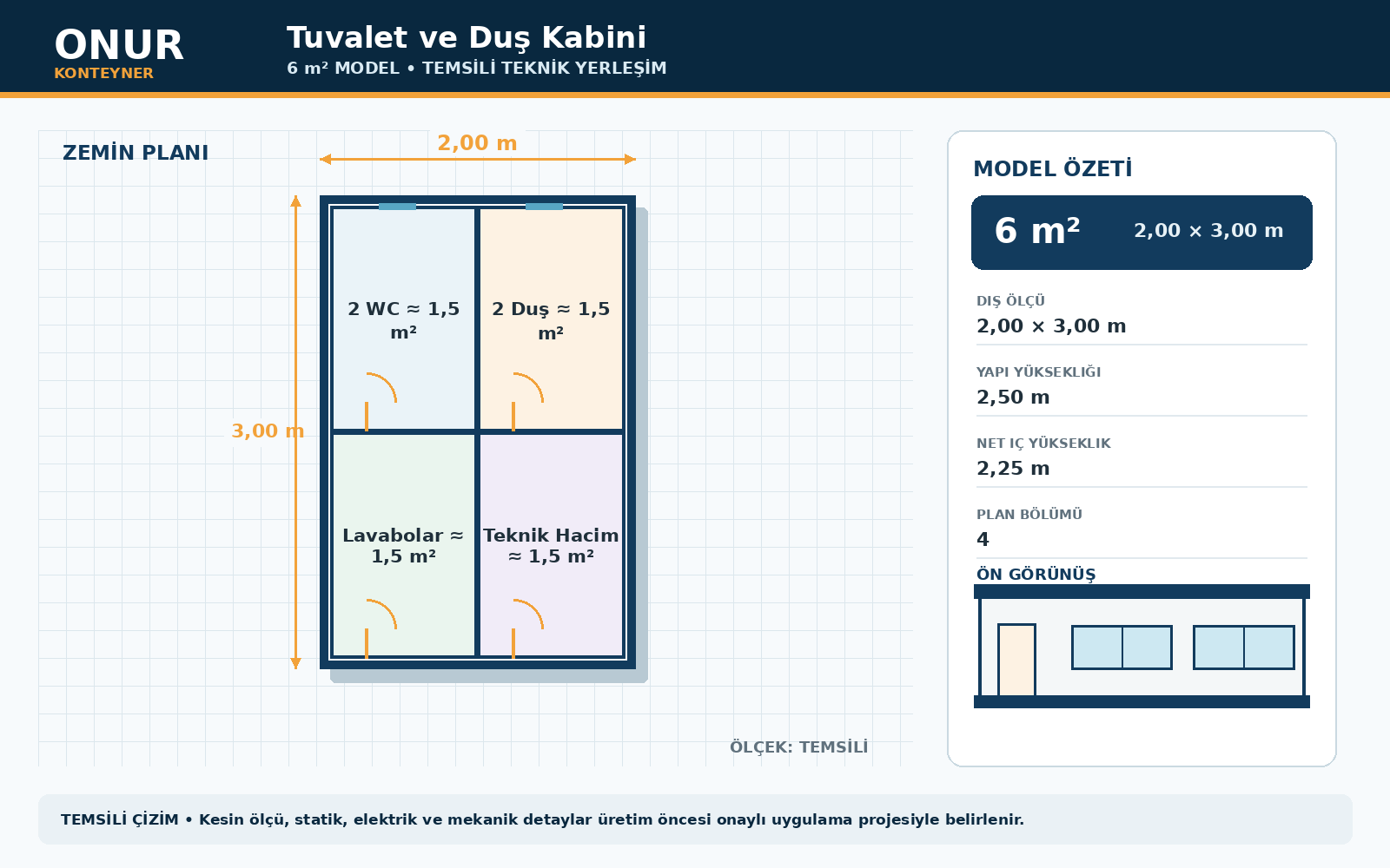 Tuvalet ve Duş Kabini 6 metrekare model planı