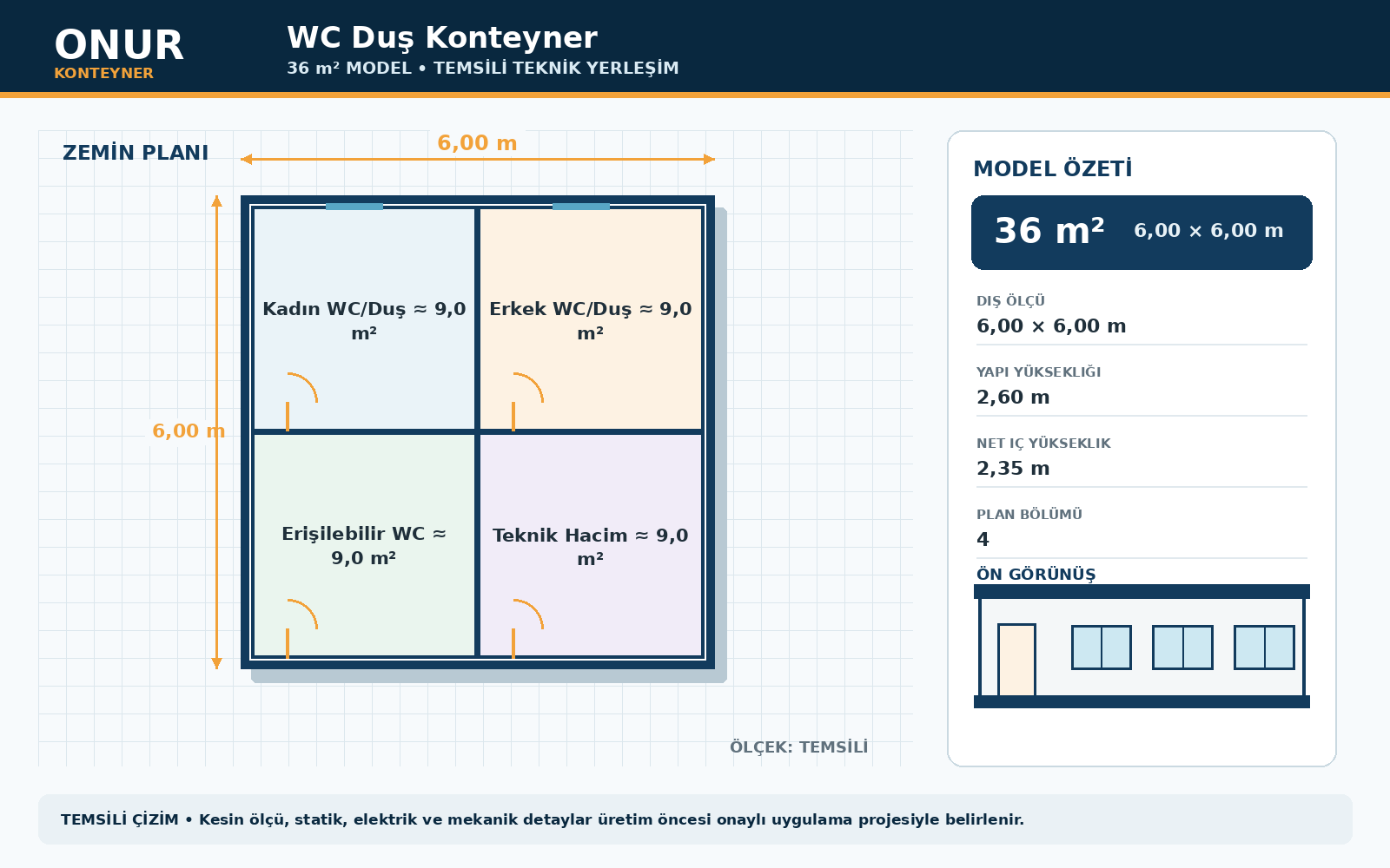 WC Duş Konteyner 36 metrekare model planı