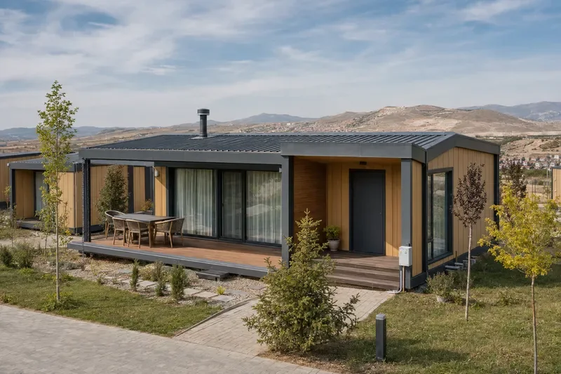 72 m² konutun veranda, giriş ve geniş cam cephesi.