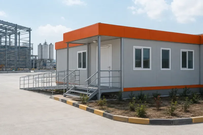 Toplantı-ofis kanadının giriş, rampa ve cephe detayları.